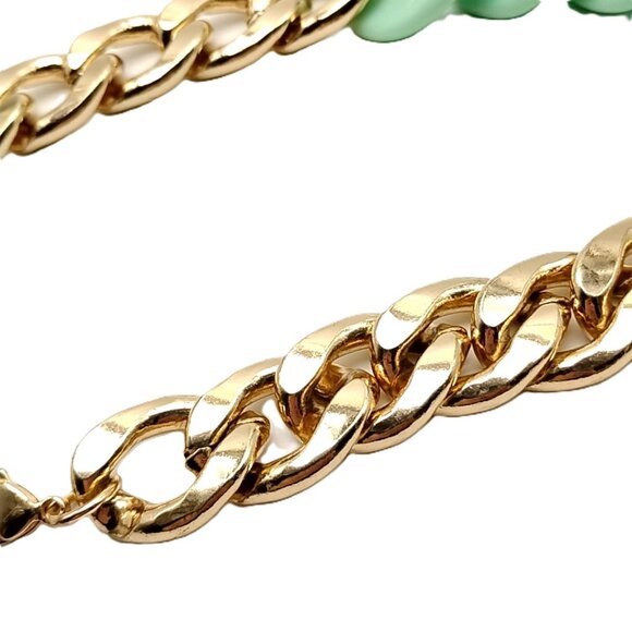Mint Green Chunky Curb Link Gold Tone Statement Necklace - Picture 12 of 16